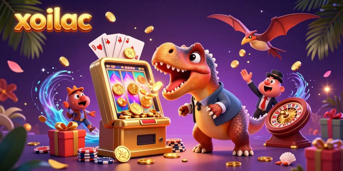 Xoilac shows a cartoon pachycephalosaurus winning a jackpot at a slot machine, capturing gambling excitement.