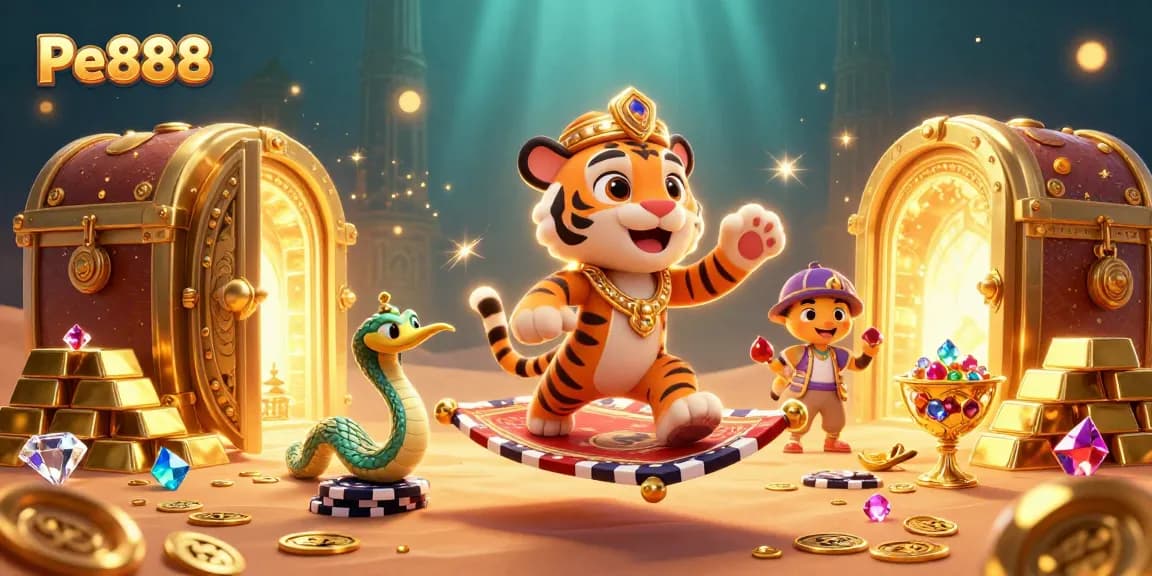 Experience the thrill of Pe888 with vibrant casino characters and treasures in a dynamic 3D illustration.