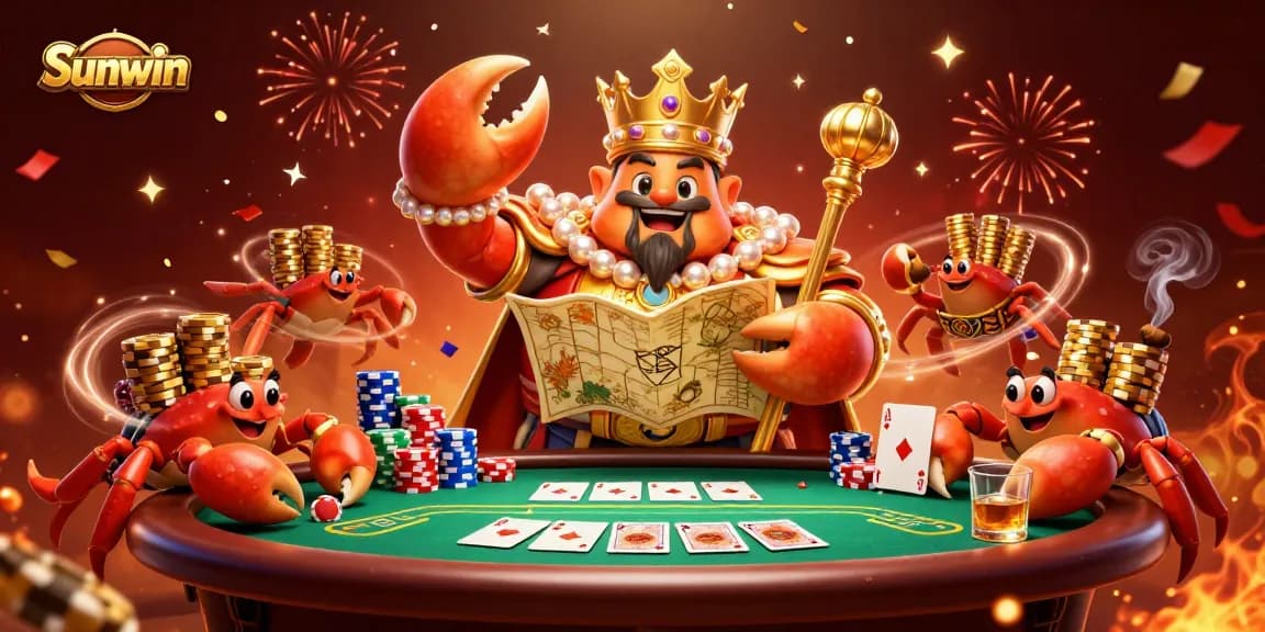 Sunwin offers a vibrant 3D casino scene with a golden crab emperor presiding over a dynamic poker game.