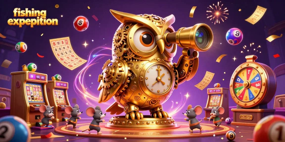 Experience a thrilling fishing expedition with a golden owl overseeing a vibrant casino floor filled with dynamic elements.
