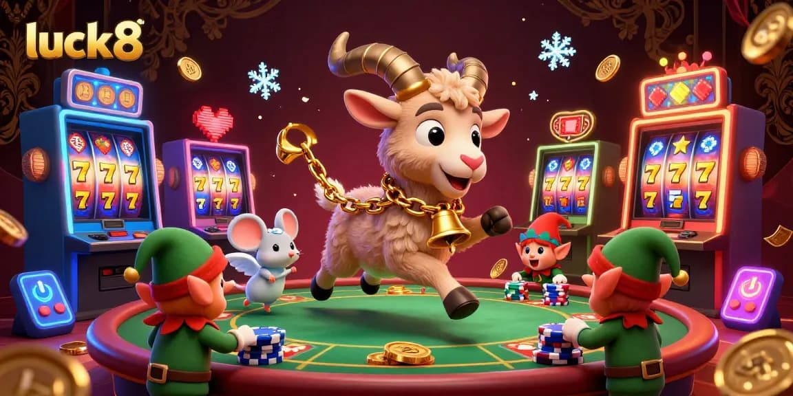 Experience luck8's dynamic casino with Krampus, angel mouse, and gremlins in a colorful gaming wonderland.
