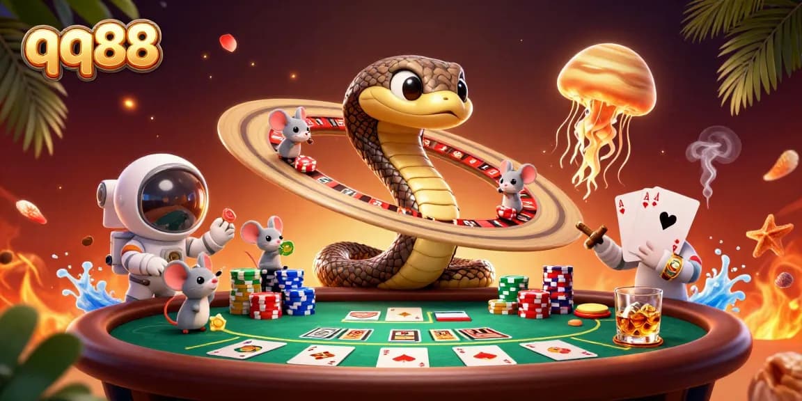 Bet on the cosmic roulette with qq88 as astronaut mice place bets amidst a vibrant casino scene
