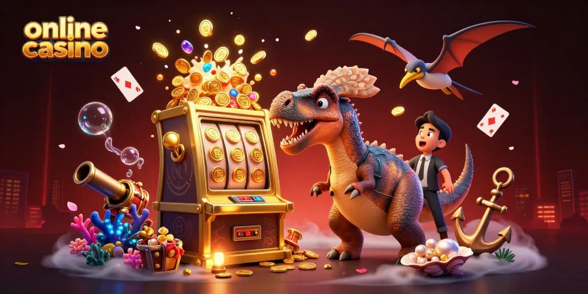 Experience the thrill of an online casino with dinosaurs celebrating slot machine jackpots!