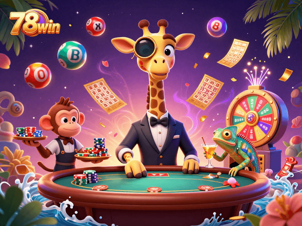 Jump into the excitement at 78win with our vibrant casino illustration showcasing a high-roller giraffe!