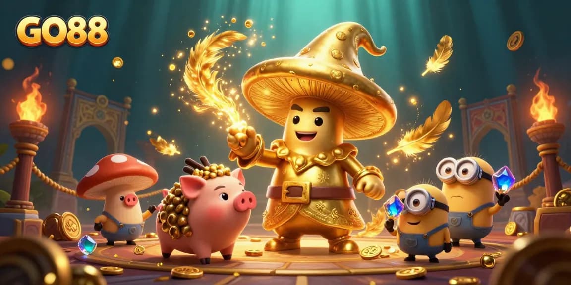 Experience GO88's magical realm filled with golden treasures, vibrant gaming elements, and engaging characters.