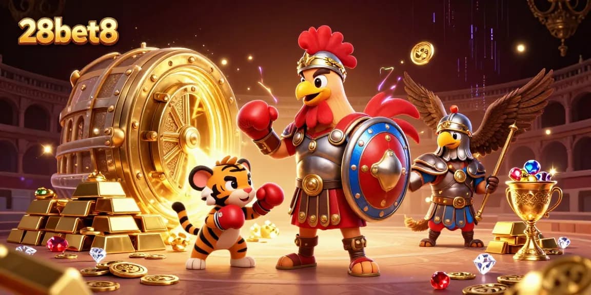 Engage with 28bet8's exciting world of gambling, featuring a dynamic scene with gladiator rooster and treasures.