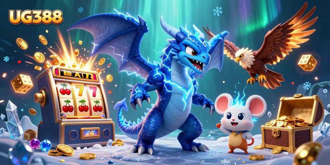 Experience exciting gameplay at UG388 with stunning visuals of a jackpot explosion, vibrant characters, and casino elements.
