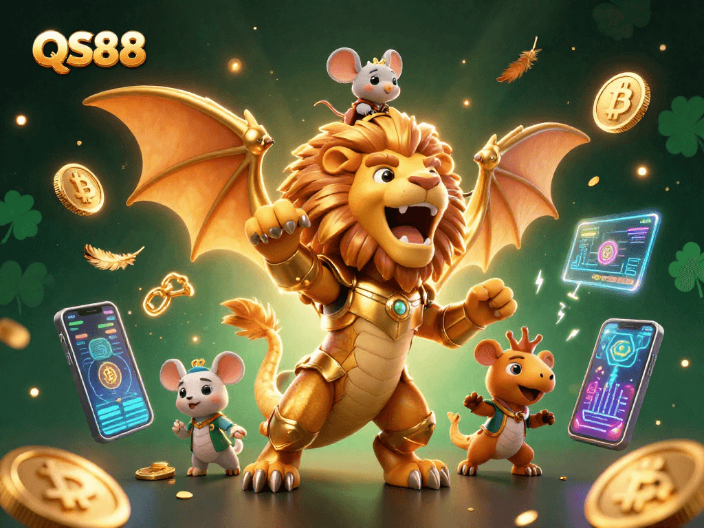 Engage in the thrilling QS88 experience amidst dynamic cryptocurrency elements and a radiant chimera!