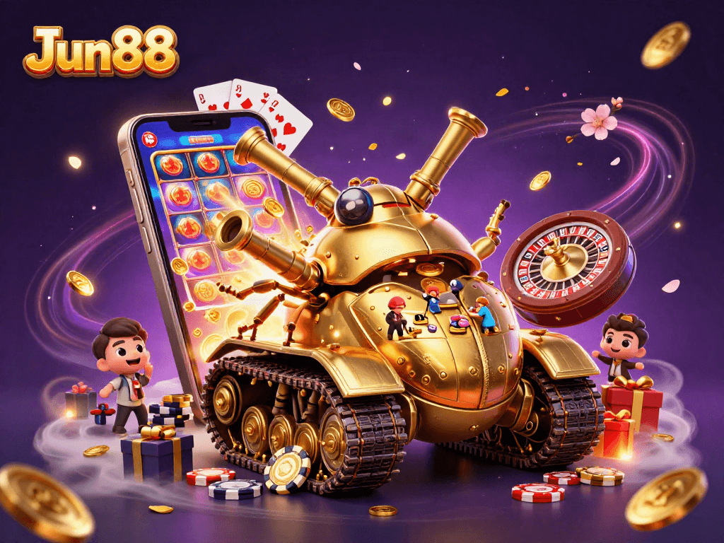 Experience Jun88's exciting casino world with a golden beetle tank and vibrant gaming elements.