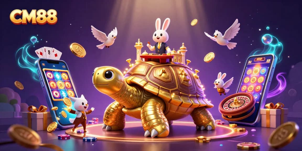Experience exciting gameplay at CM88 with a vibrant casino scene featuring digital and 3D elements.