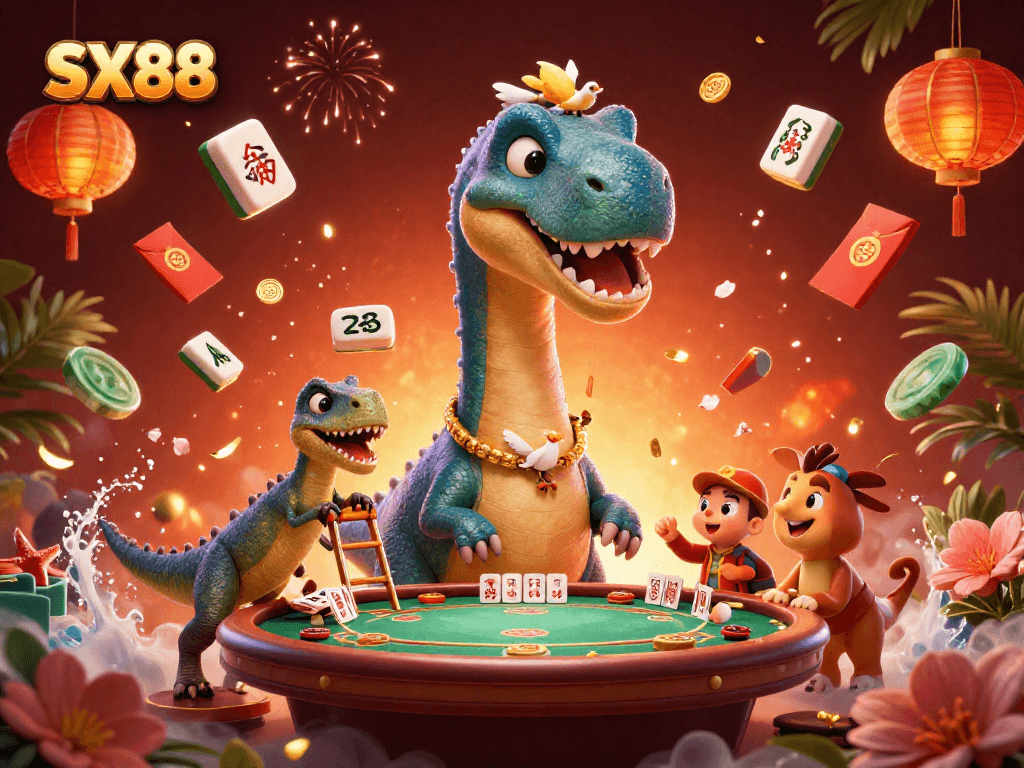 SX88 engages players with a vibrant casino scene featuring a cartoon dinosaur and clever raptor dealing cards.
