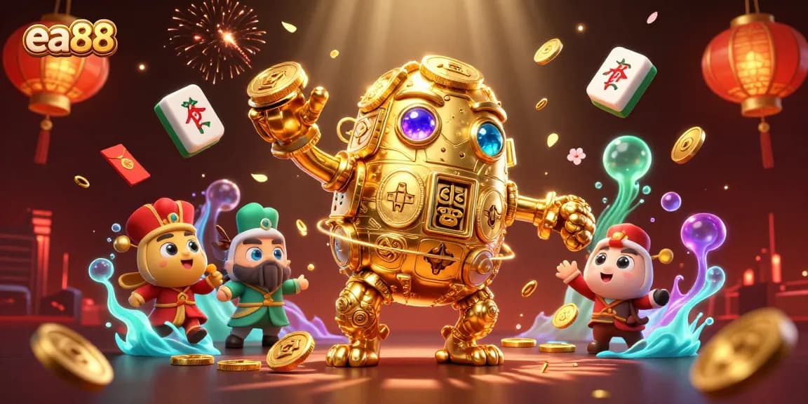 Experience thrilling gameplay with ea88’s golden golem surrounded by vibrant casino symbols and festive elements.
