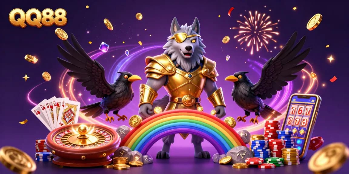 QQ88 presents an exciting 3D illustration of Odin and ravens surrounded by casino elements, celebrating big wins.