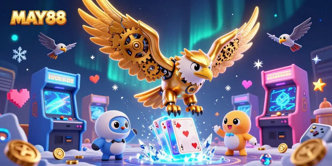 MAY88 offers exciting live casino action with a dazzling 3D eagle diving through poker cards and gaming elements.