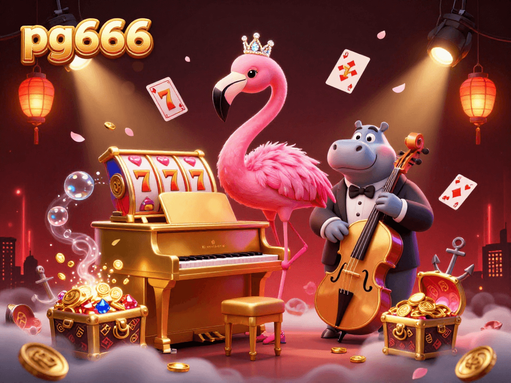Experience thrilling casino fun with pg666 as vibrant characters entertain amidst slot reels and treasures.