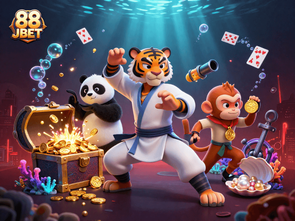 Engage in thrilling action with 88 JBET's vibrant casino experience featuring colorful gems and playful characters.