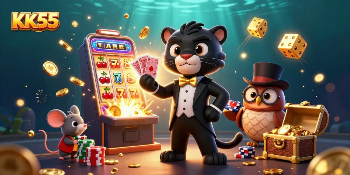 Engage in thrilling gameplay with KK55's vibrant casino experience featuring cartoon characters and jackpot elements.