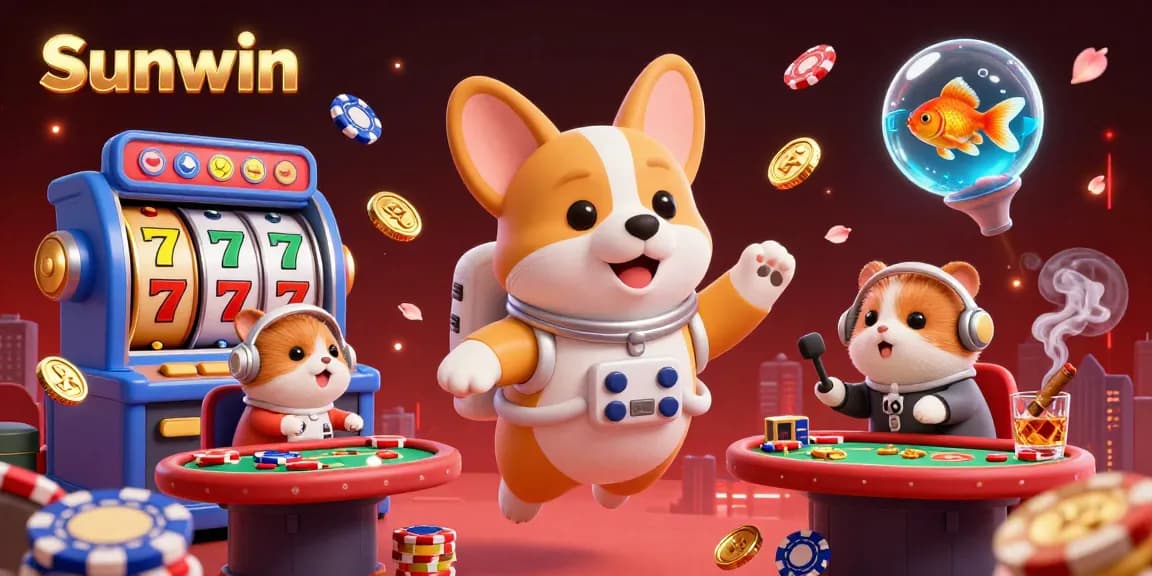 Experience vibrant gaming at Sunwin in a whimsical, zero-gravity casino with characters and floating elements.