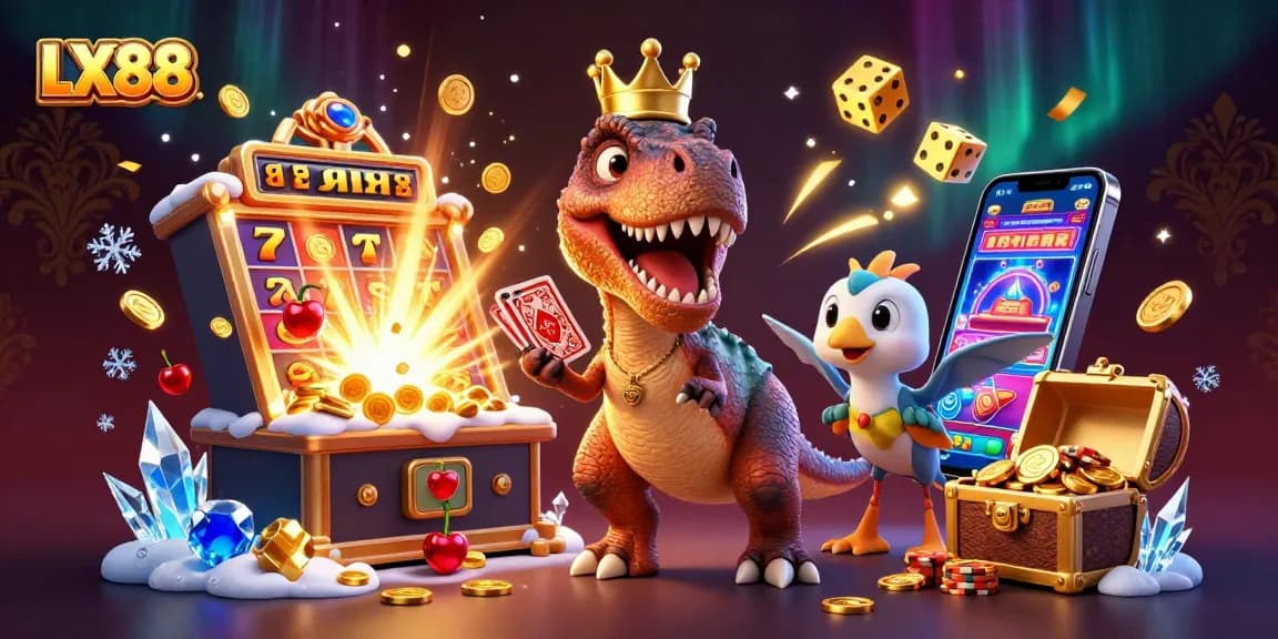 LX88 showcases a T-Rex shuffling cards while winning at the casino with colorful slot elements.
