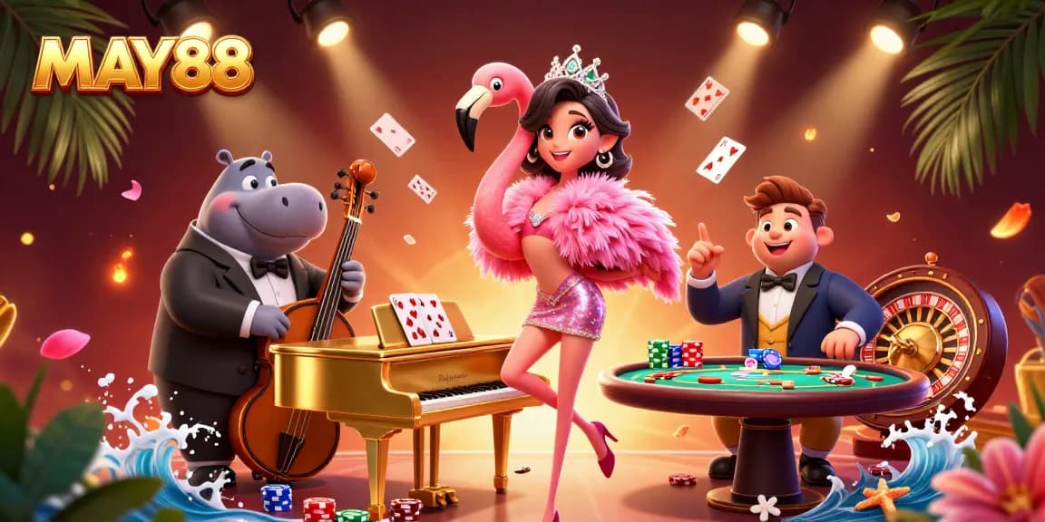 Engage in thrilling casino action with MAY88, featuring vibrant cards, lively characters, and immersive environments.