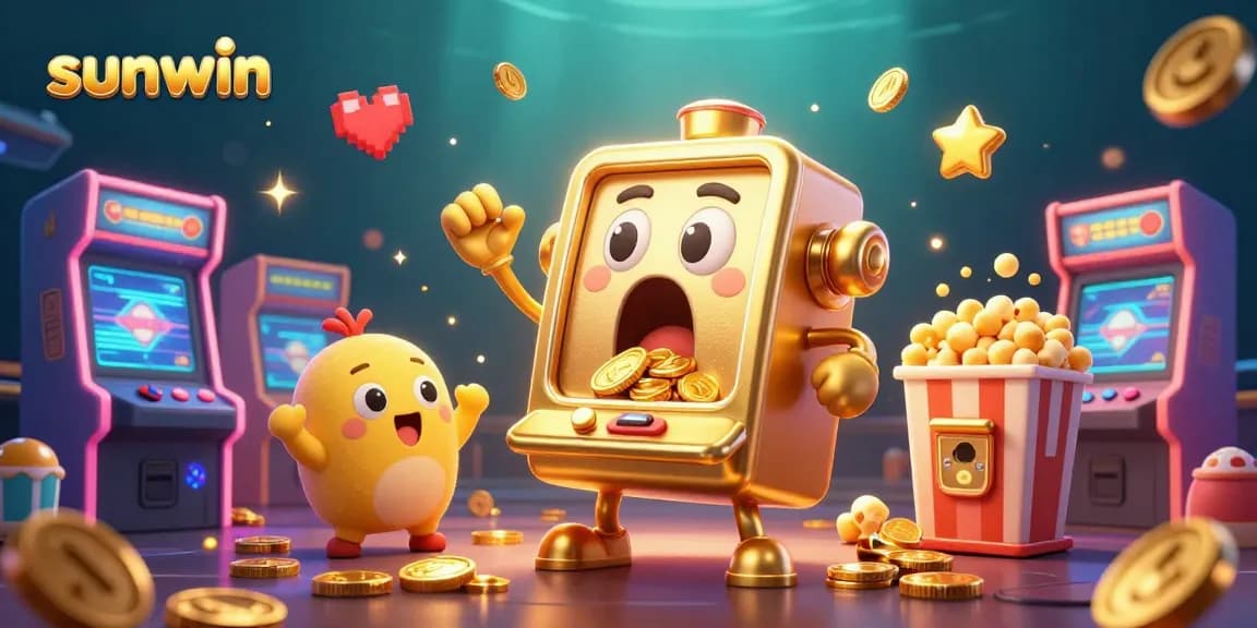 sunwin slot machine character celebrates jackpot win with coins, gaming elements, and fun atmosphere