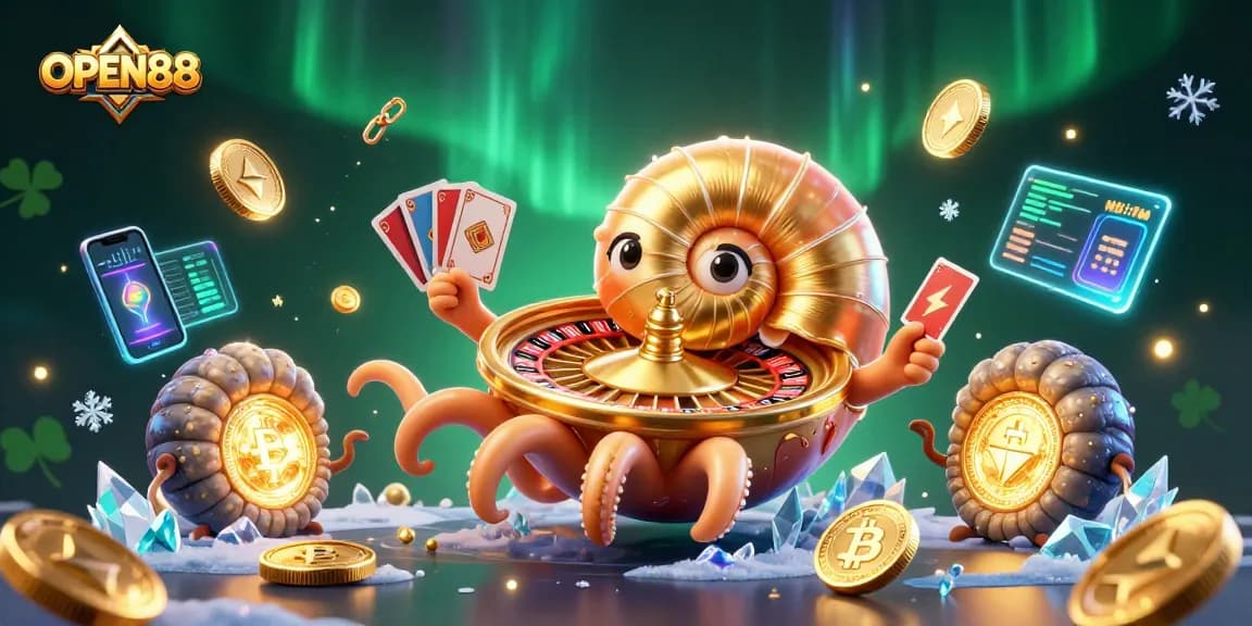 Experience thrilling bets at OPEN88 with a giant nautilus roulette and glowing crypto coins.