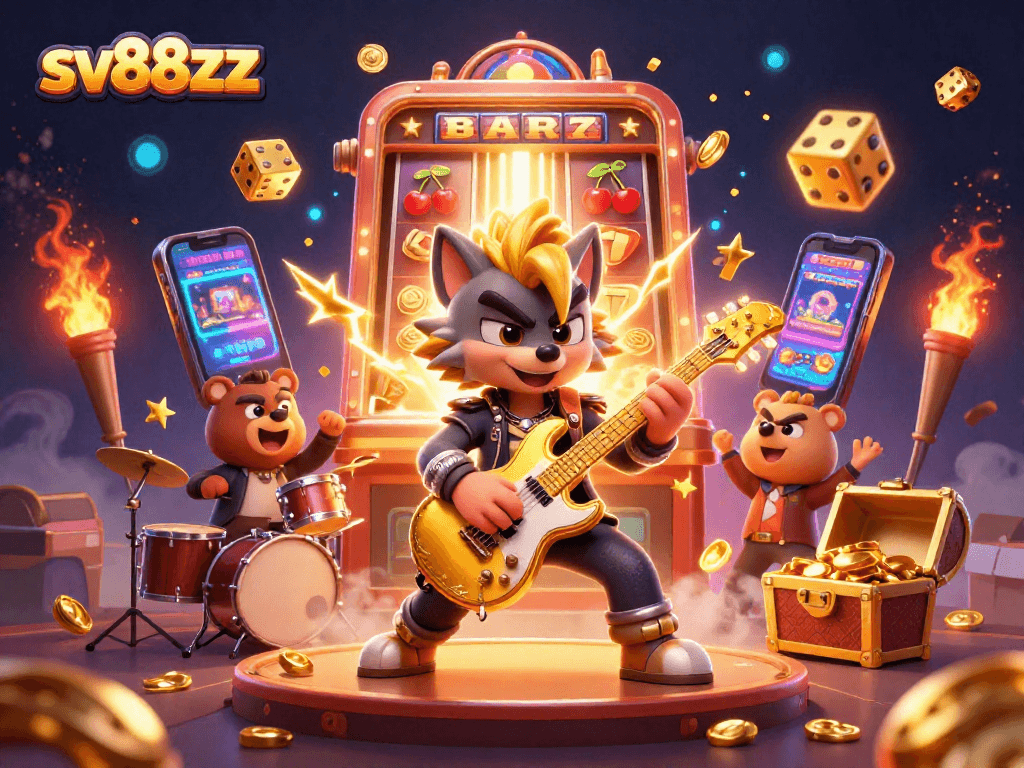 Experience the excitement of sv88zz with cartoon wolf rock star and lively casino elements like slots, dice, and dazzling lights.
