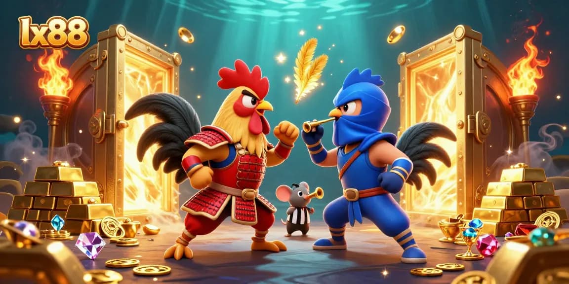 Engage in thrilling cockfighting action at lx88, featuring dynamic rooster duel surrounded by treasure.