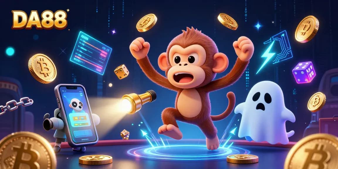 Experience the thrilling world of DA88 with an illustration of a ghost-hunter puppy tracking a mischievous monkey in a haunted casino.