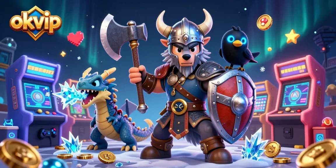 Engage in thrilling gaming adventures with okvip's Viking warrior, ice dragon, and action-packed casino elements.