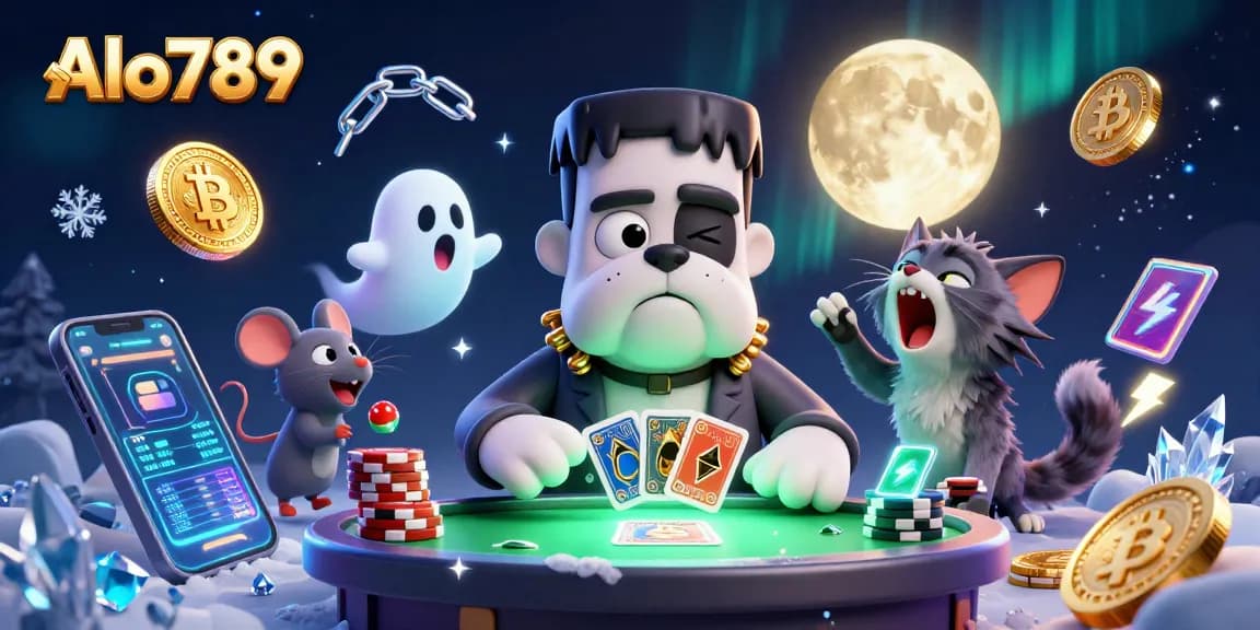 Alo789 showcases an exciting 3D scene of a bulldog dealer in a spooky casino atmosphere
