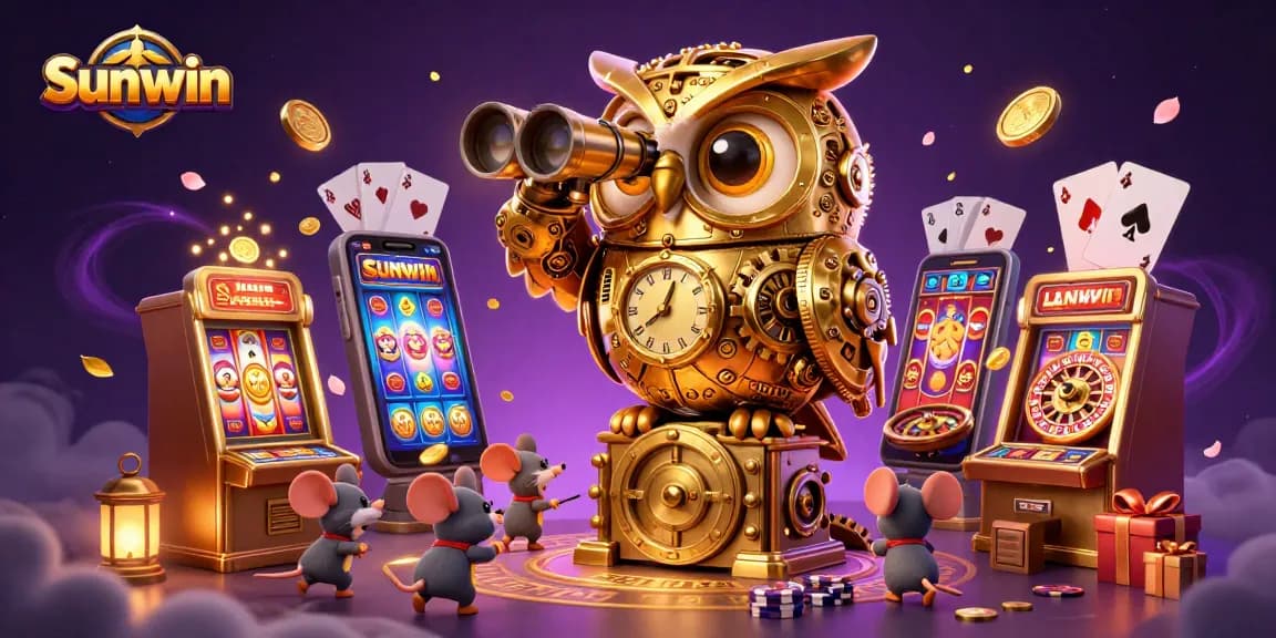 Experience Sunwin's dynamic casino scene featuring a golden owl and wind-up mice gambling.