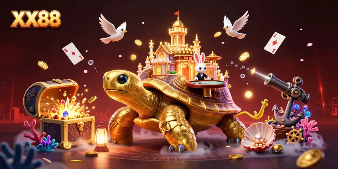 Engage in thrilling gameplay with XX88's vibrant casino adventure featuring a golden tortoise and rabbit dealer.