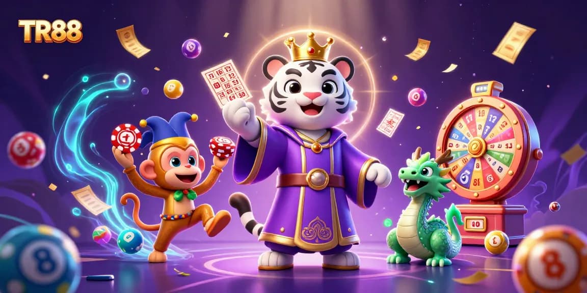 Engage with TR88's exciting gaming experience featuring a lively cartoon scene with a tiger, monkey, and dragon.
