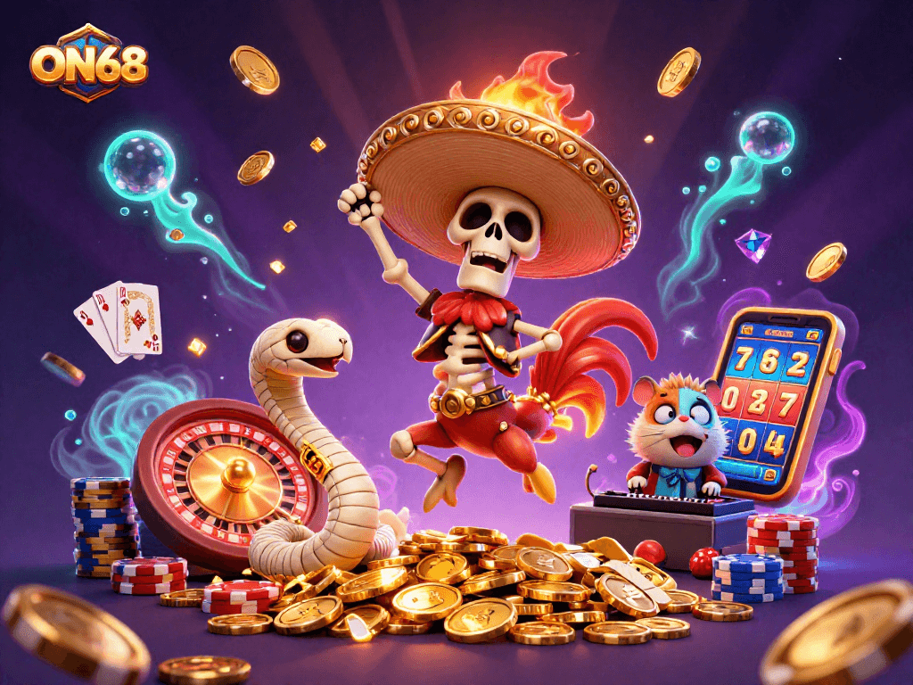 Experience ON68 with a lively digital illustration capturing gaming excitement in a festive casino scene.