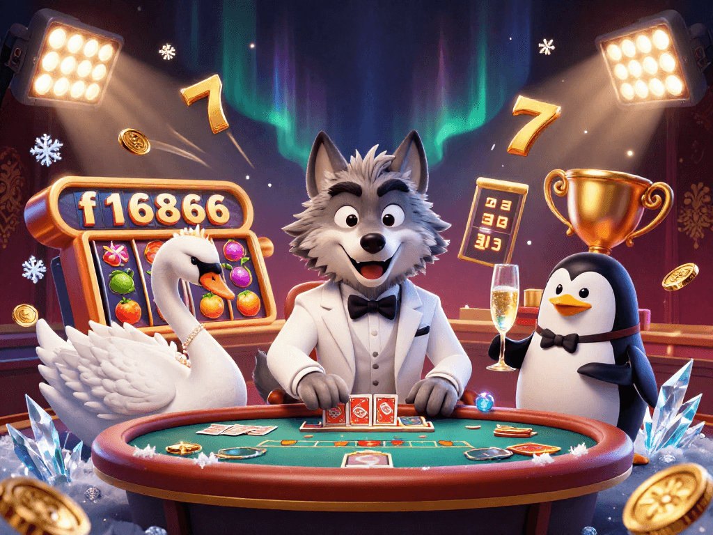 Experience the excitement of f16866 with a 3D casino scene featuring a debonair wolf, elegant swan, and penguin sommelier.