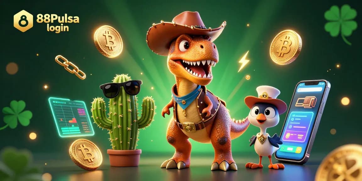 Engage with the vibrant scene showcasing 88Pulsa login surrounded by colorful crypto coins and casino elements.