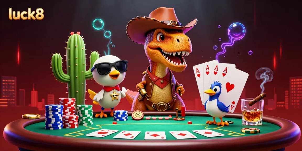 Engage in epic gambling adventures with luck8 featuring a cartoon dinosaur character at a vibrant poker scene.