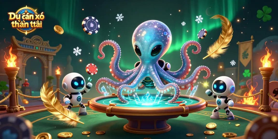 Engaging depiction of Dự đoán xổ số thần tài with an alien octopus at a poker table surrounded by vibrant casino elements.