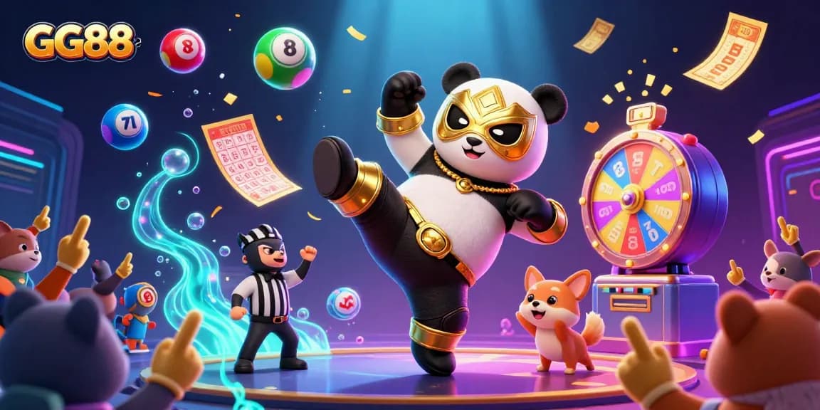 Join the excitement at GG88 with animated characters in a thrilling casino scene full of lottery balls and prizes.