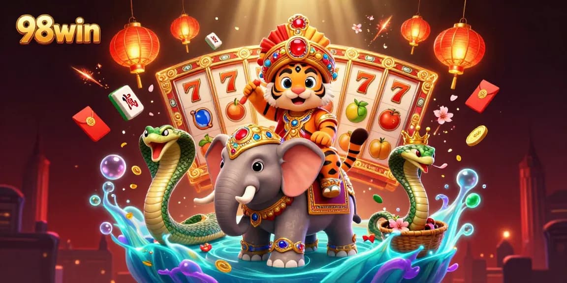Engage in thrilling gameplay with 98win's vibrant casino experience featuring dynamic slots and lively decorations.