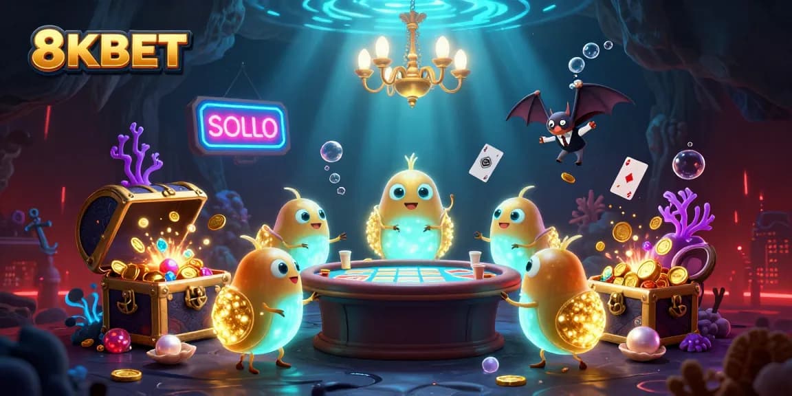 Light up your gaming experience at 8KBET’s vibrant casino with glowing glowworms and a bat dealer.