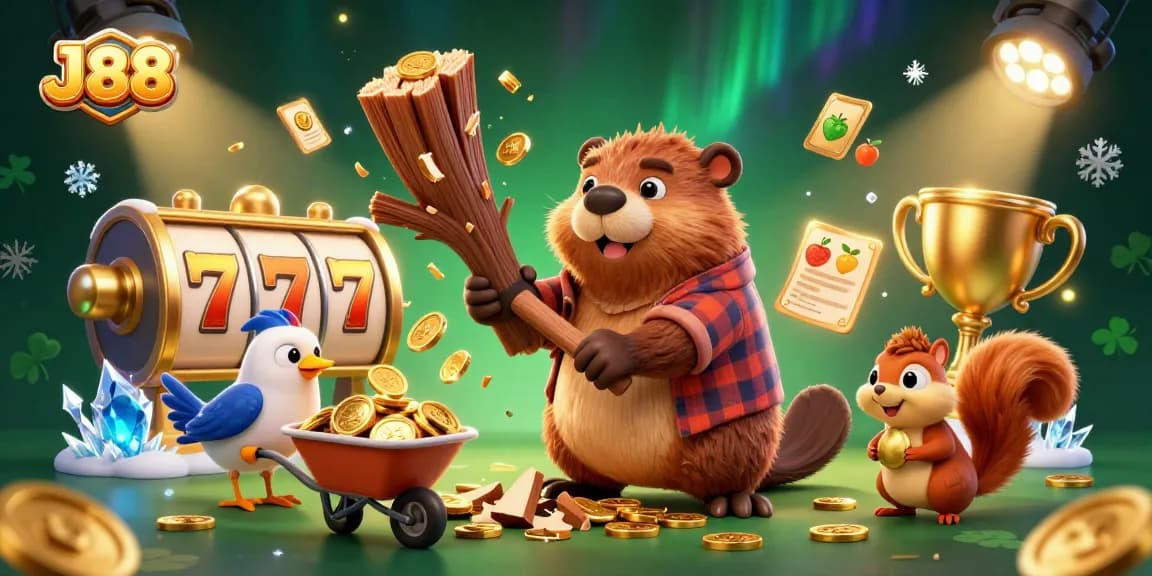 Join the excitement at J88 where a beaver creates a cascade of golden coins in a vibrant casino scene.