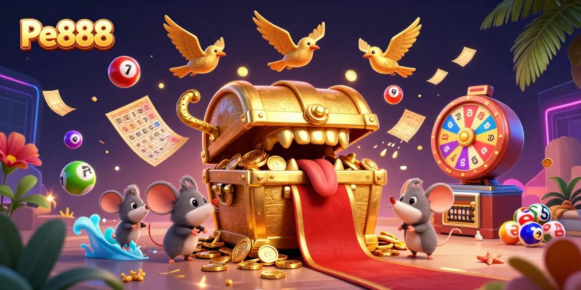 Win big with Pe888 amidst an exciting 3D casino adventure filled with vibrant lottery elements.