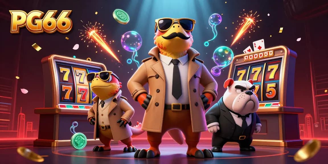 Experience exciting gaming at PG66 with unique cartoon characters in a vibrant casino scene.