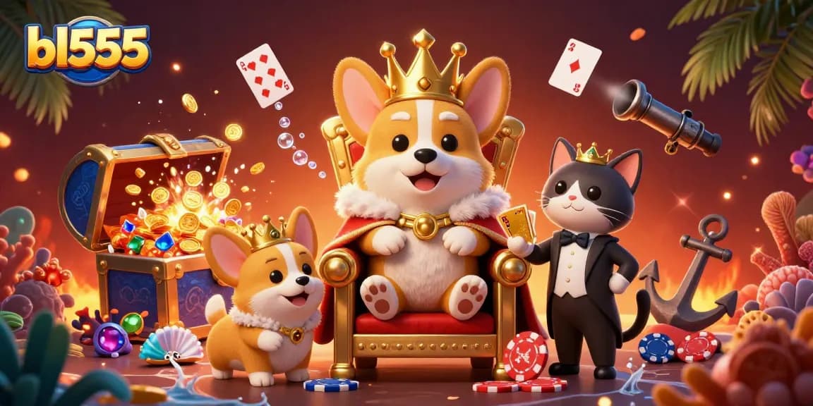 Join the excitement at bl555 with a royal corgi gaming in a vibrant, underwater casino scene.