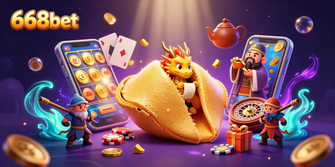 Engage with 668bet's vibrant gaming world featuring a wise dragon and golden fortune cookie in an exciting illustration.