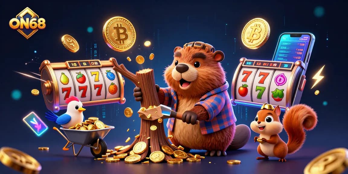 Experience thrilling gameplay at ON68 with a vibrant 3D illustration of a casino-inspired scene filled with gold and excitement.