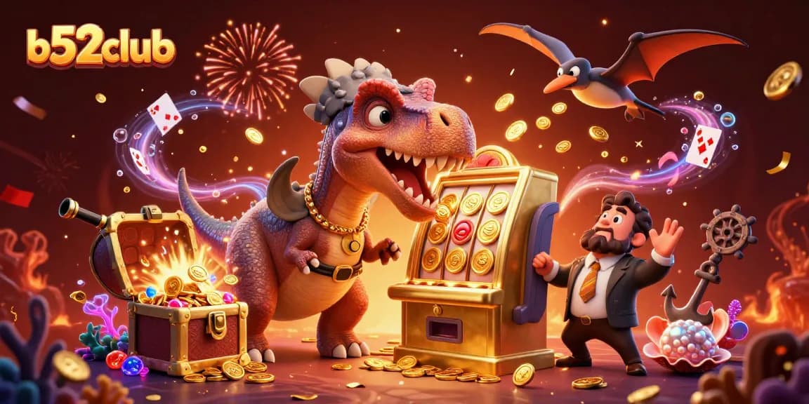 Experience b52club's exciting jackpot wins with a dino-themed casino adventure illustration.
