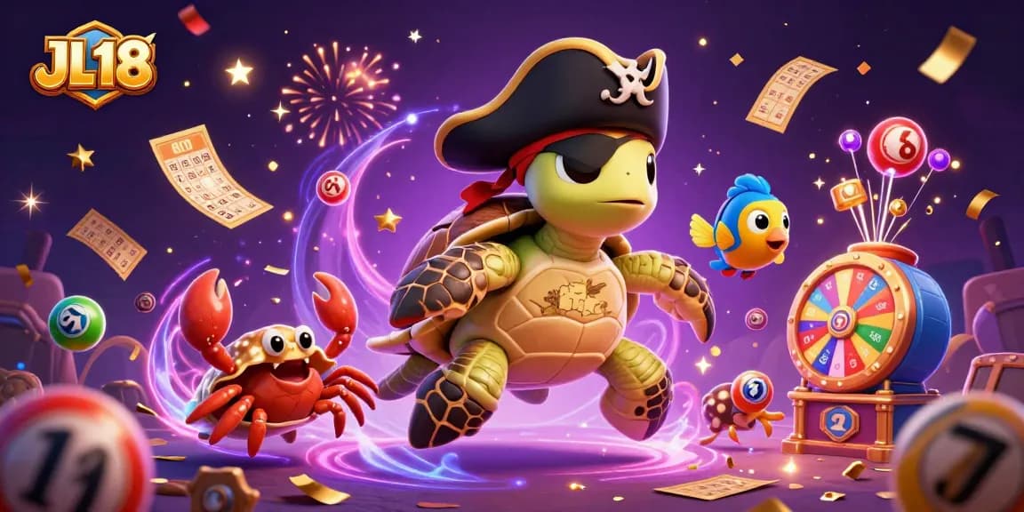 JL18 showcases a vibrant scene of a turtle, crab, and parrotfish celebrating casino wins amidst dynamic gaming elements.